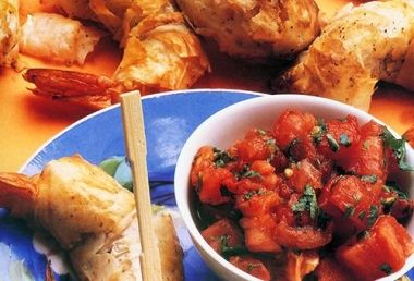 Shrimp in Fillo with Tomato Chutney